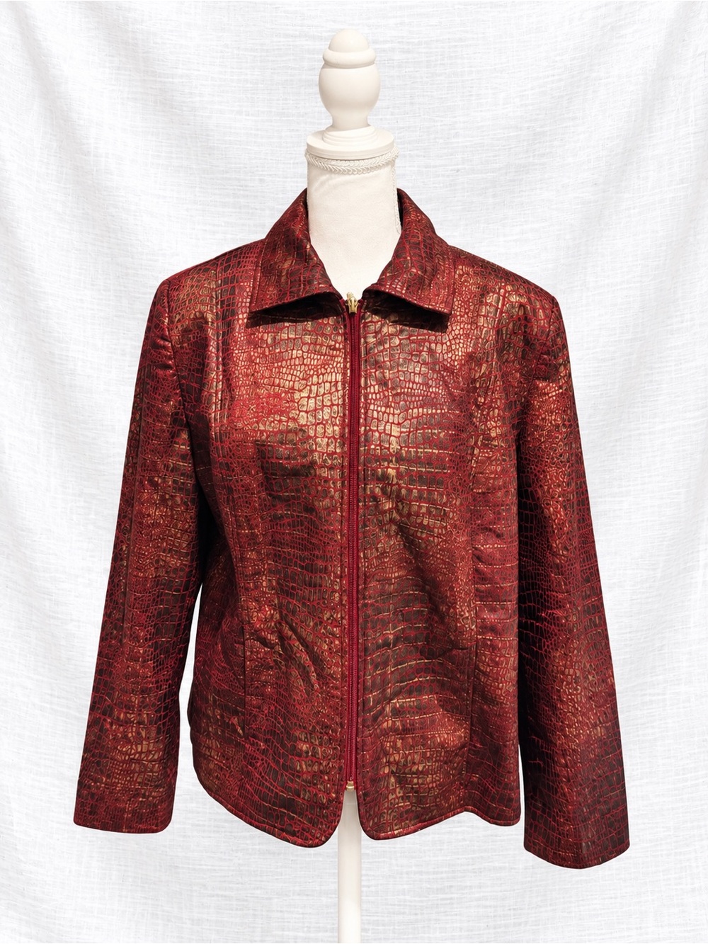Allison Daley Petite 14P Metallic Burgundy Croc Print Zip Jacket Y2K
